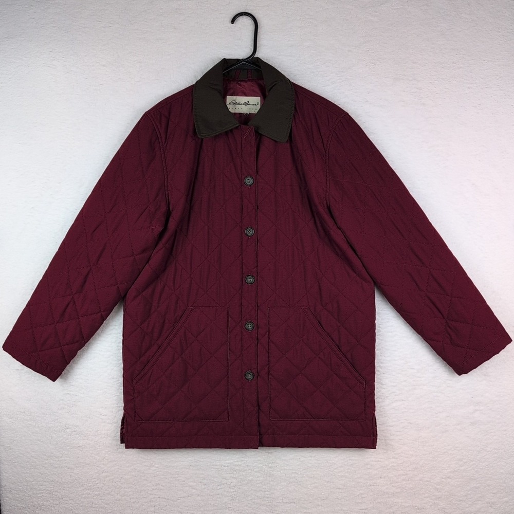 Eddieā Bauer Womens Long Quilted Maroon Chore Jacket Brown Collar Utility Med***